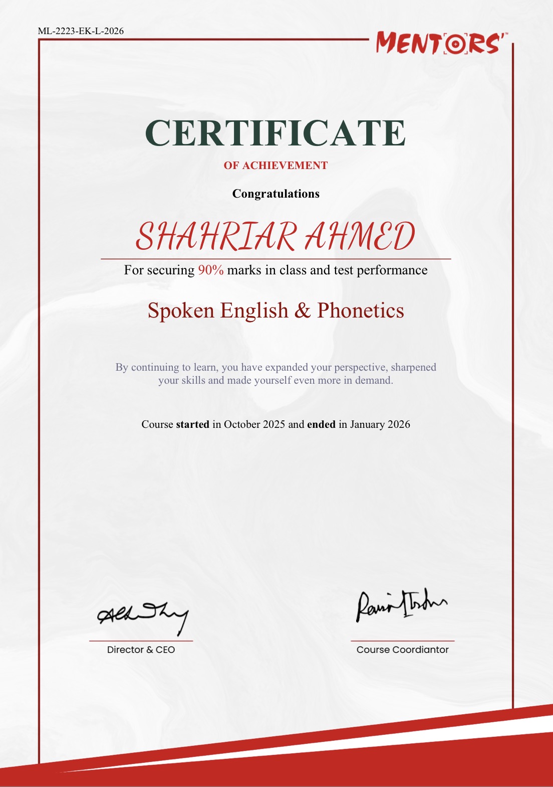 Mentor's Spoken Certificate of of Captain হরণতরণ । শাহরিয়ার আহম্মেদ